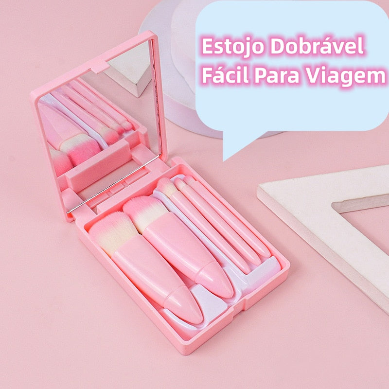 Mini Espelho Portátil Com 5 Pcs Pincéis De Maquiagem Rosa Dobrável